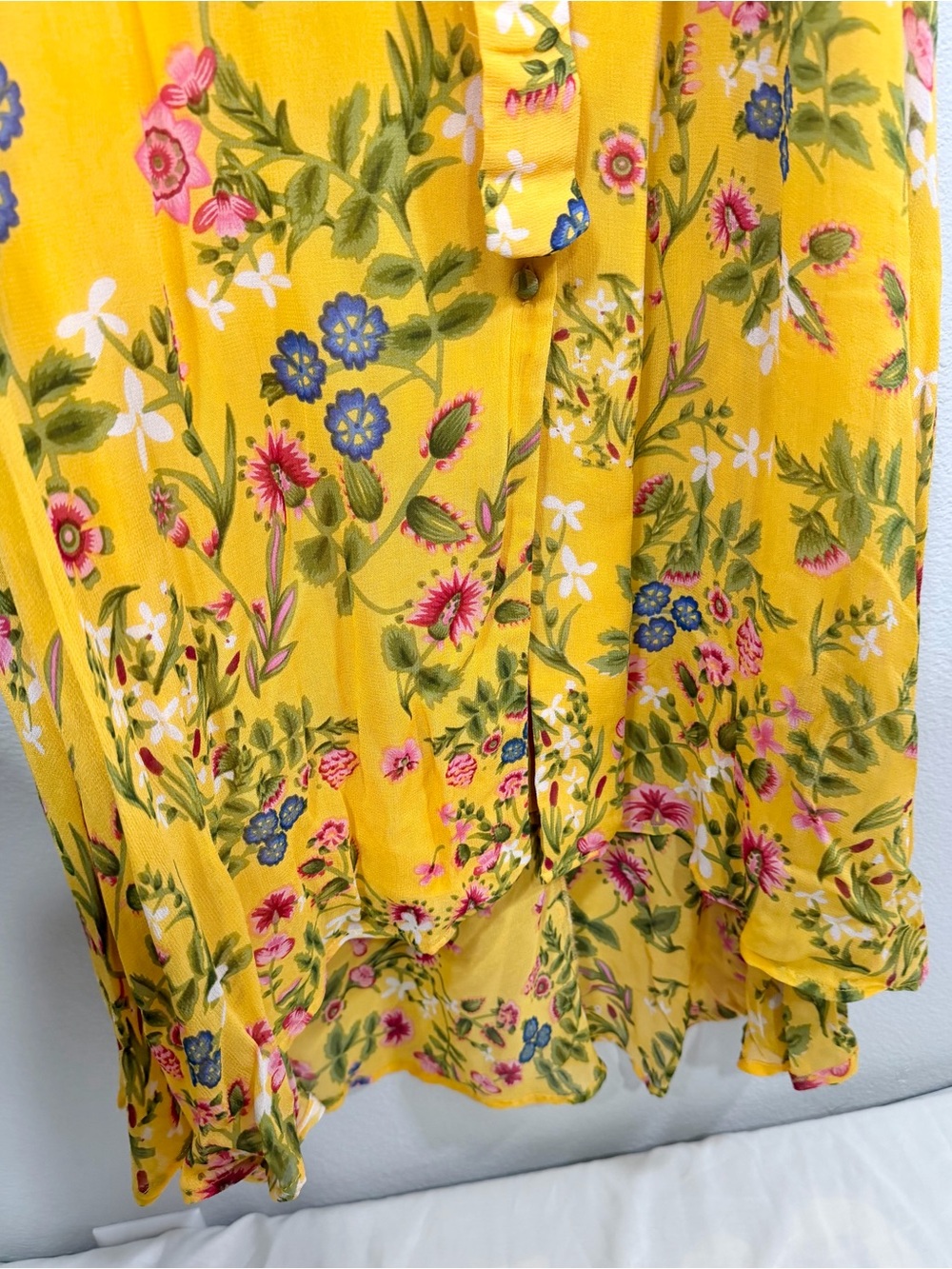 Rene Derhy Dress Yellow Pink Floral Maxi Button Down Flowy Tie Belt Women L - Picture 2 of 8